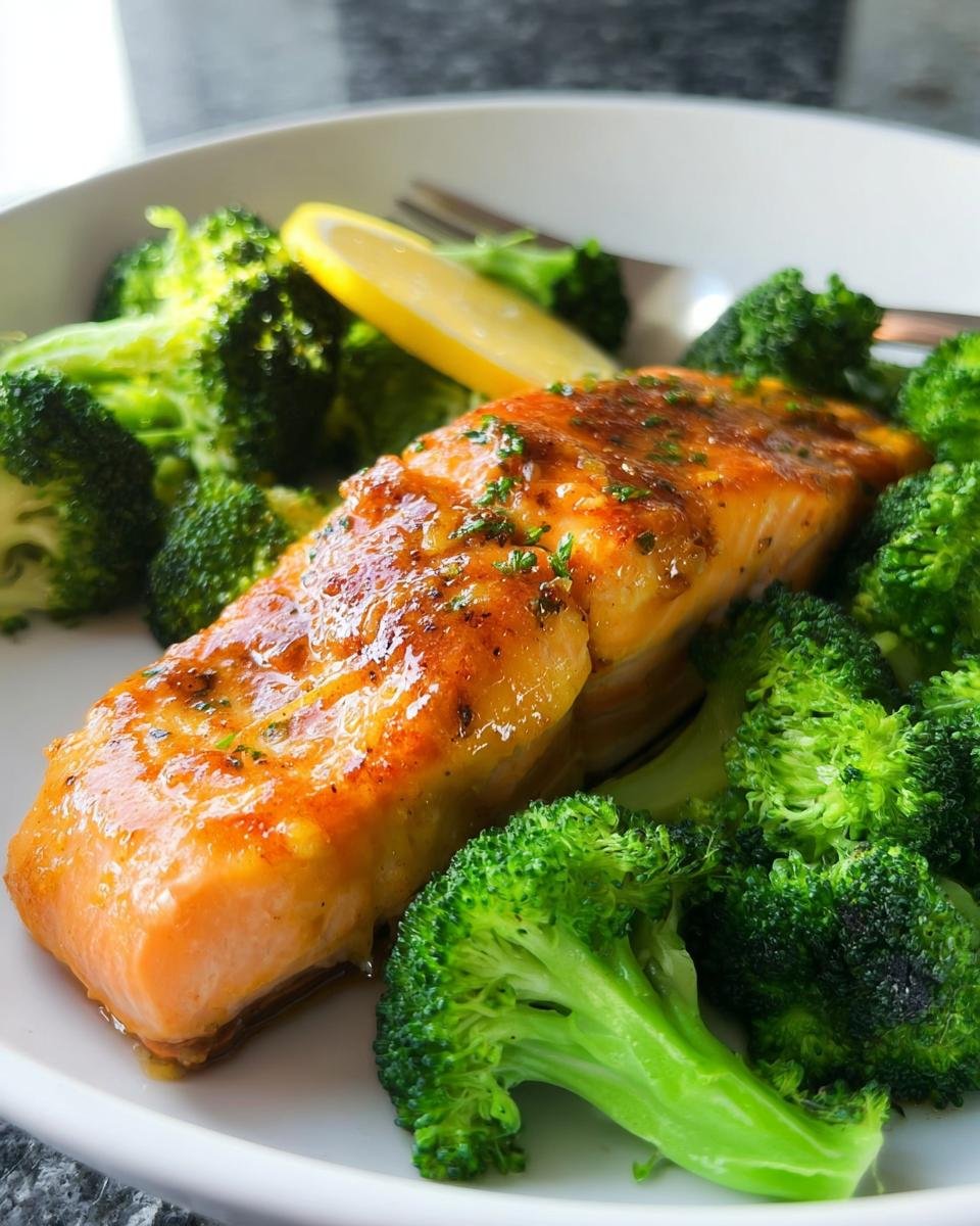 A glistening fillet of One-Pan Honey Mustard Salmon served with bright green steamed broccoli florets.