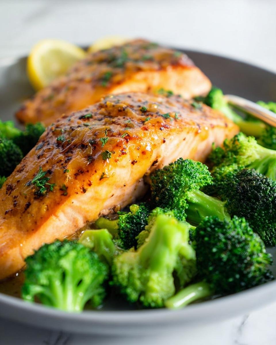 Close-up of glazed One-Pan Honey Mustard Salmon served over bright green steamed broccoli florets.