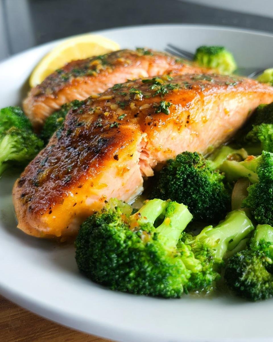 Two glazed fillets of One-Pan Honey Mustard Salmon served alongside bright green steamed broccoli florets.