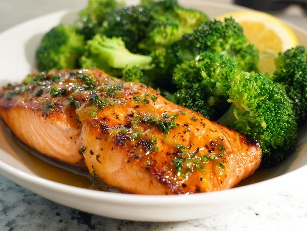 Close-up of a perfectly cooked One-Pan Honey Mustard Salmon fillet topped with herbs, served with bright green broccoli.