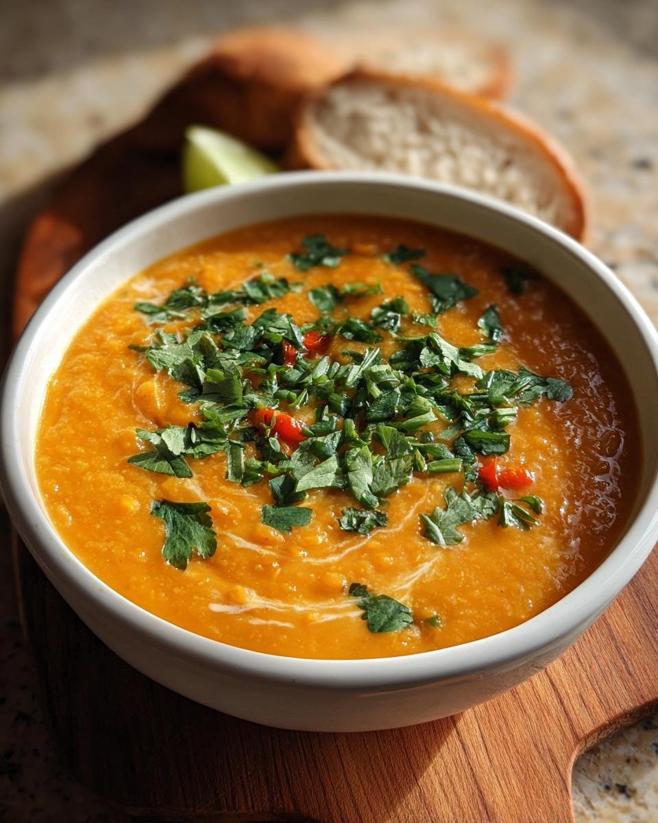 Close-up of a bowl of creamy orange soup topped with fresh cilantro and chili, perfect for Budget-Friendly Healthy Meal Prep Recipes.