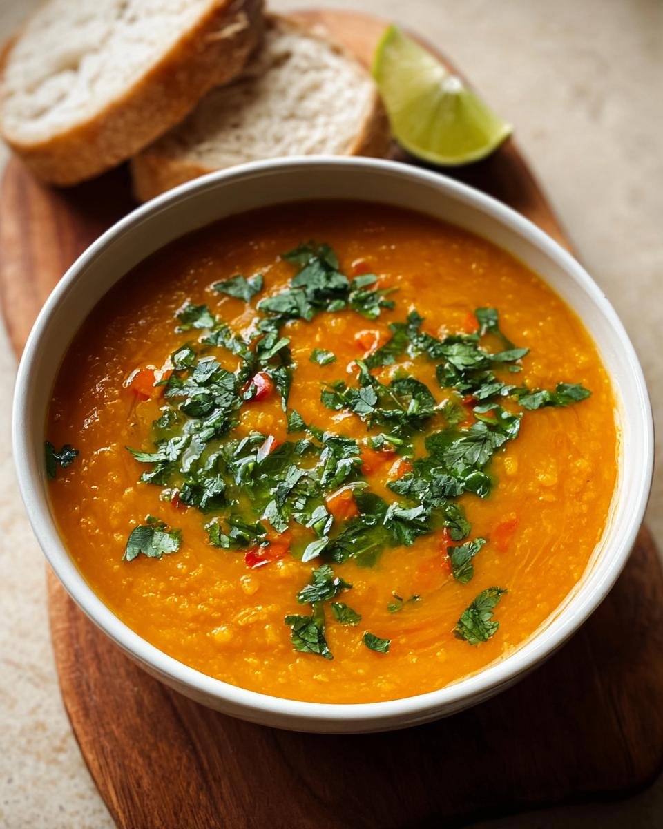 A bowl of vibrant orange soup topped with fresh cilantro, served with bread slices for a Budget-Friendly Healthy Meal Prep Recipe.