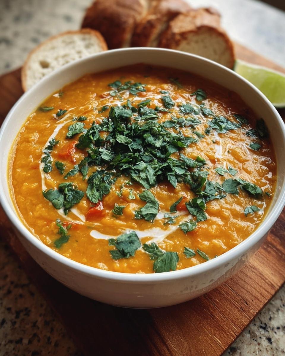 Close-up of a vibrant orange soup topped with fresh cilantro, perfect for Budget-Friendly Healthy Meal Prep Recipes.