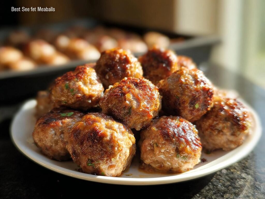 A close-up of several golden-brown Oven-Baked Meatballs piled high on a white plate.