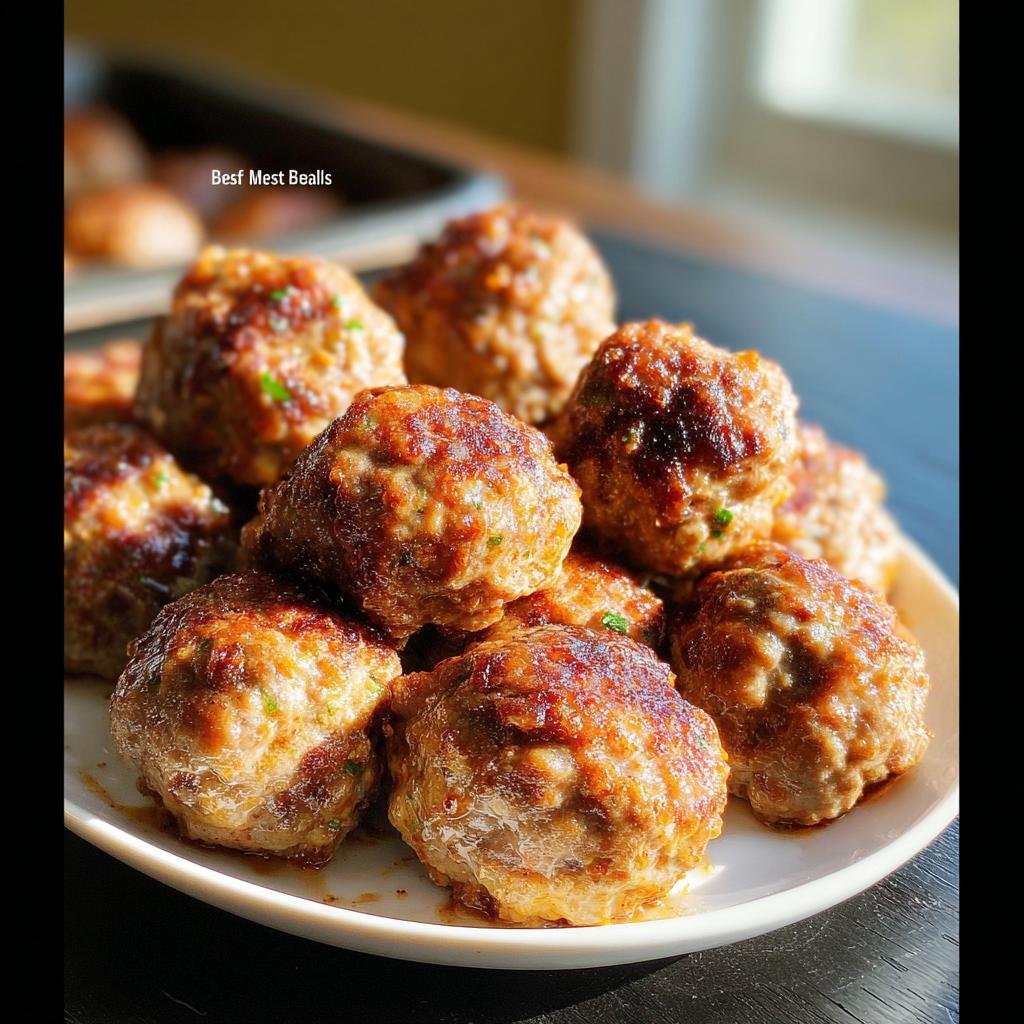 A close-up of a pile of golden-brown Oven-Baked Meatballs seasoned with herbs, resting on a white plate.