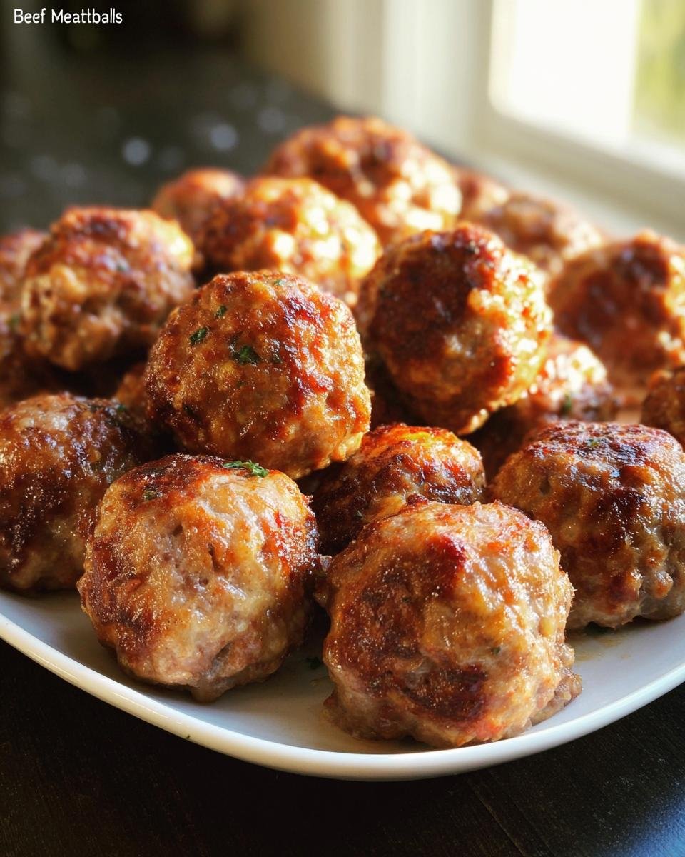A close-up of several golden-brown Oven-Baked Meatballs piled high on a white serving platter.