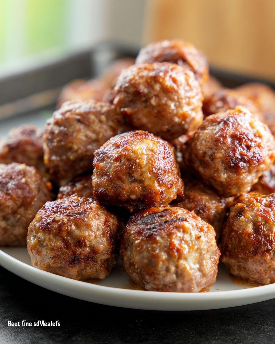 A close-up of a heaping pile of golden-brown Oven-Baked Meatballs served on a white plate.