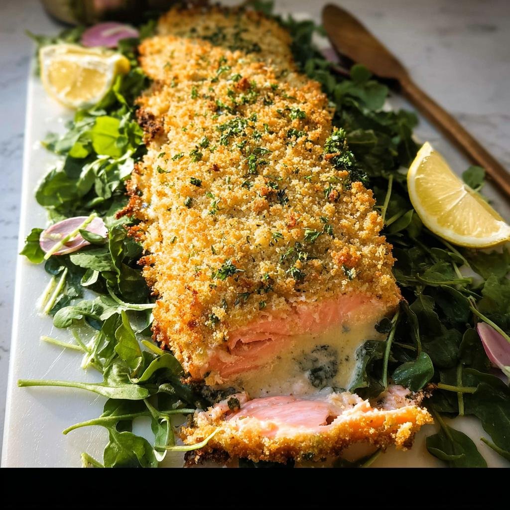 A perfectly cooked Parmesan Crusted Salmon fillet with a golden, crunchy topping served over greens.