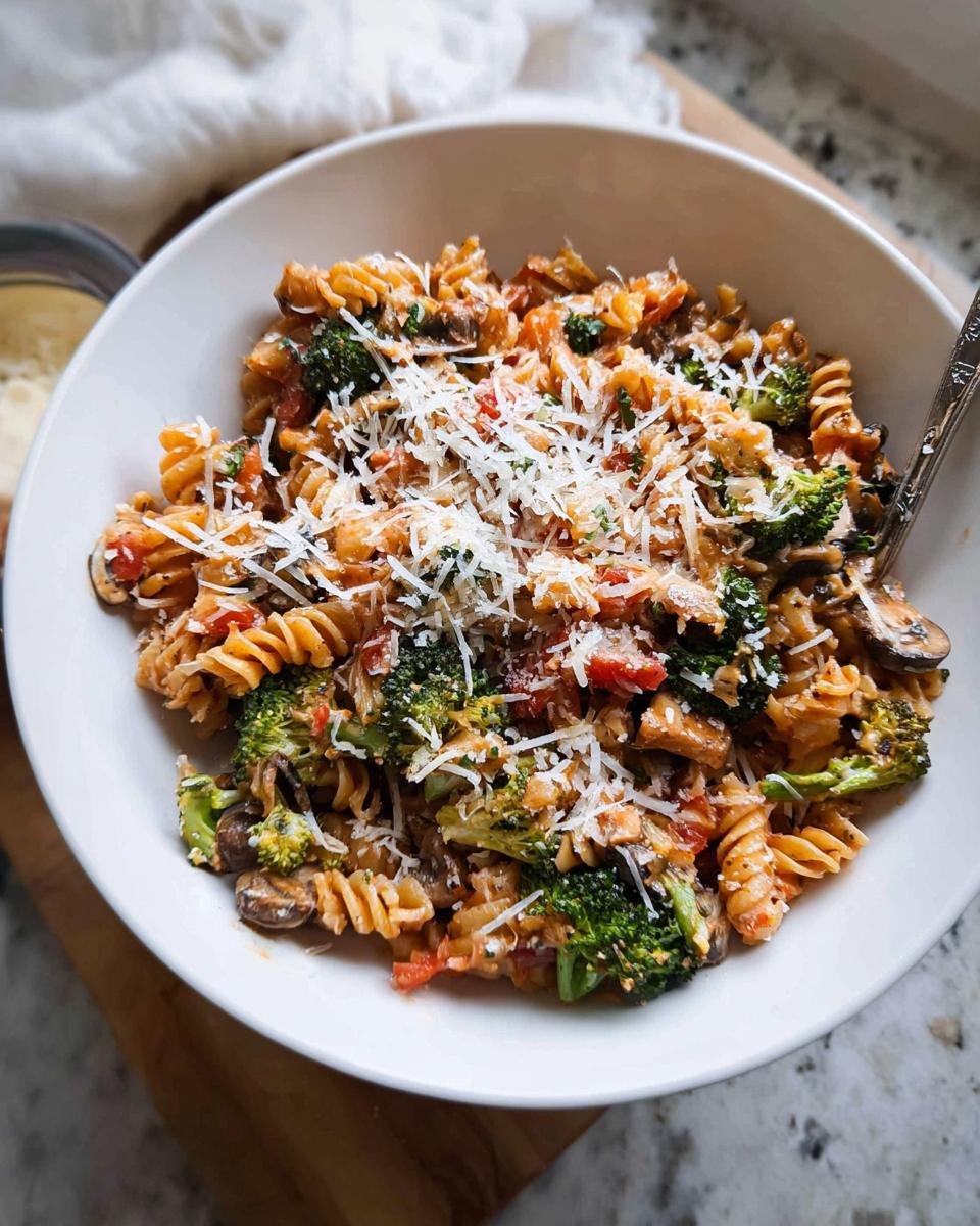 A bowl of rotini pasta mixed with broccoli, mushrooms, and a creamy sauce, topped generously with grated Parmesan cheese, perfect for Simple Healthy Meals.