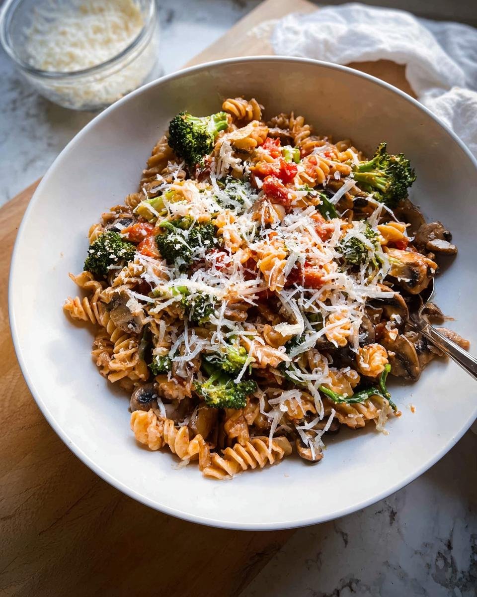 A bowl of fusilli pasta mixed with broccoli, mushrooms, tomatoes, and topped with grated cheese, perfect for Simple Healthy Meals.