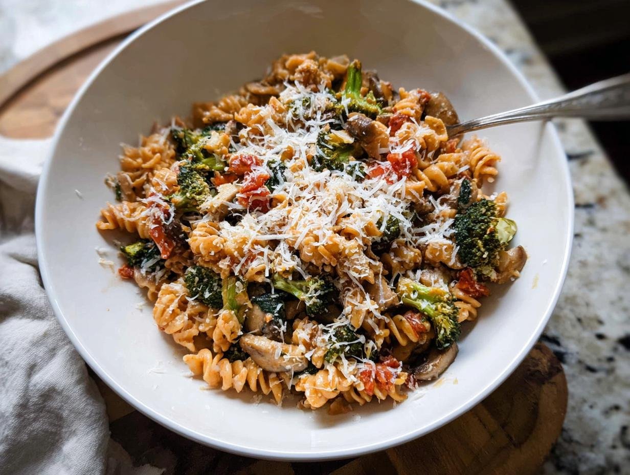 A bowl of rotini pasta mixed with broccoli, mushrooms, and tomatoes, topped with grated Parmesan cheese, perfect for Simple Healthy Meals.
