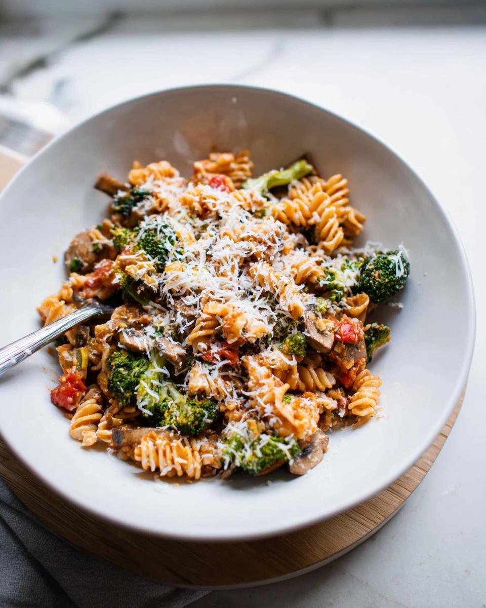 A bowl of fusilli pasta mixed with broccoli, mushrooms, tomatoes, and topped with shredded parmesan, illustrating Simple Healthy Meals.