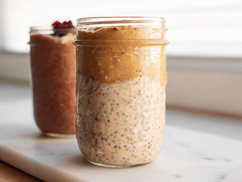 Close-up of peanut butter High-Protein Overnight Oats layered in a mason jar, with another jar blurred in the background.