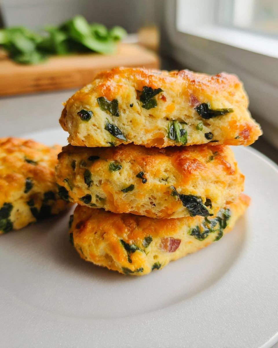 A stack of three savory Breakfast Protein Biscuits loaded with cheese and green herbs, ready to eat.