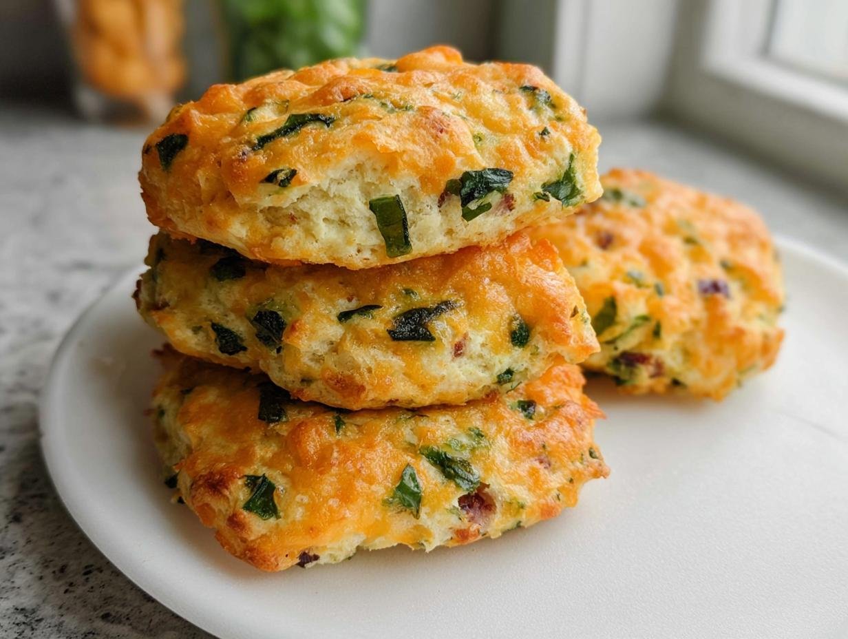 A stack of three golden-brown Breakfast Protein Biscuits topped with melted cheese and green herbs.