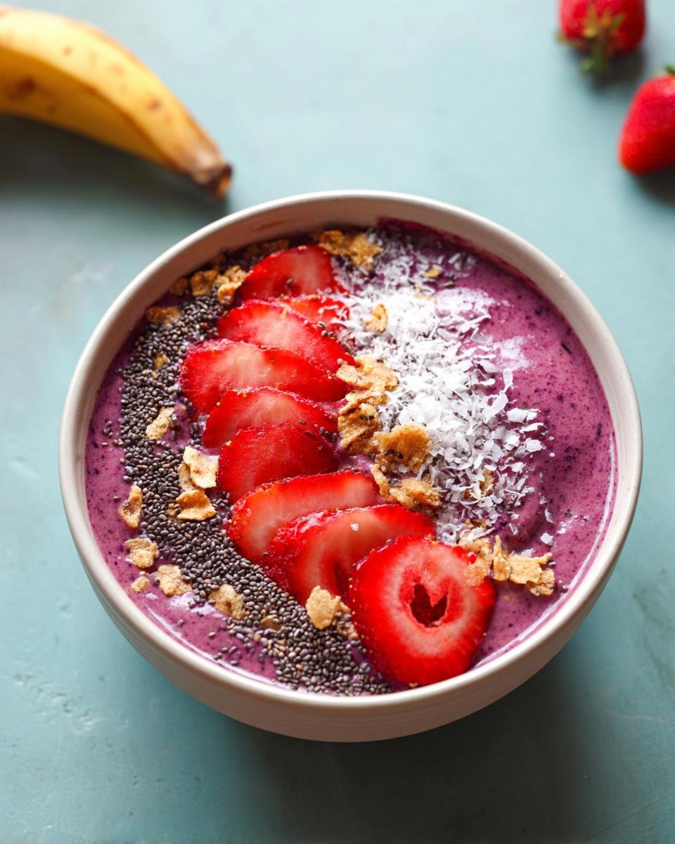A close-up of a vibrant purple Protein-Packed Smoothie Bowl topped with sliced strawberries, chia seeds, coconut flakes, and granola.