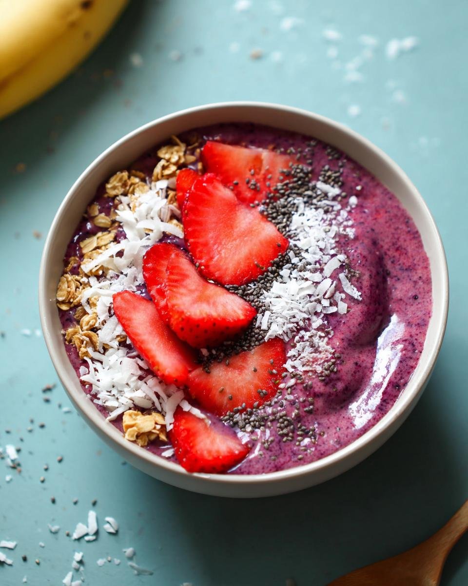 Overhead view of a vibrant purple Protein-Packed Smoothie Bowl topped with strawberries, granola, coconut, and chia seeds.