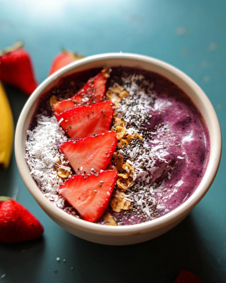 Overhead view of a vibrant purple Protein-Packed Smoothie Bowl topped with sliced strawberries, granola, chia seeds, and coconut flakes.