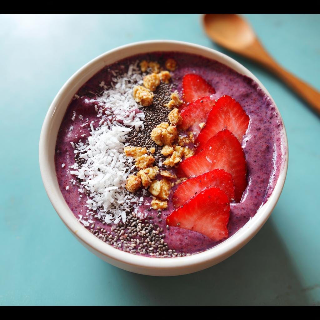 A vibrant, purple Protein-Packed Smoothie Bowl topped with sliced strawberries, coconut flakes, chia seeds, and granola.