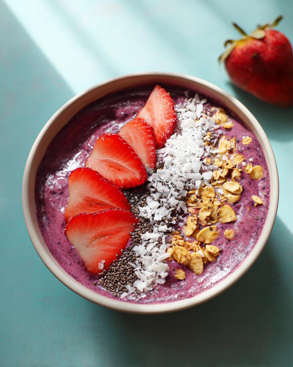 Top-down view of a vibrant purple Protein-Packed Smoothie Bowl topped with sliced strawberries, coconut flakes, and granola.