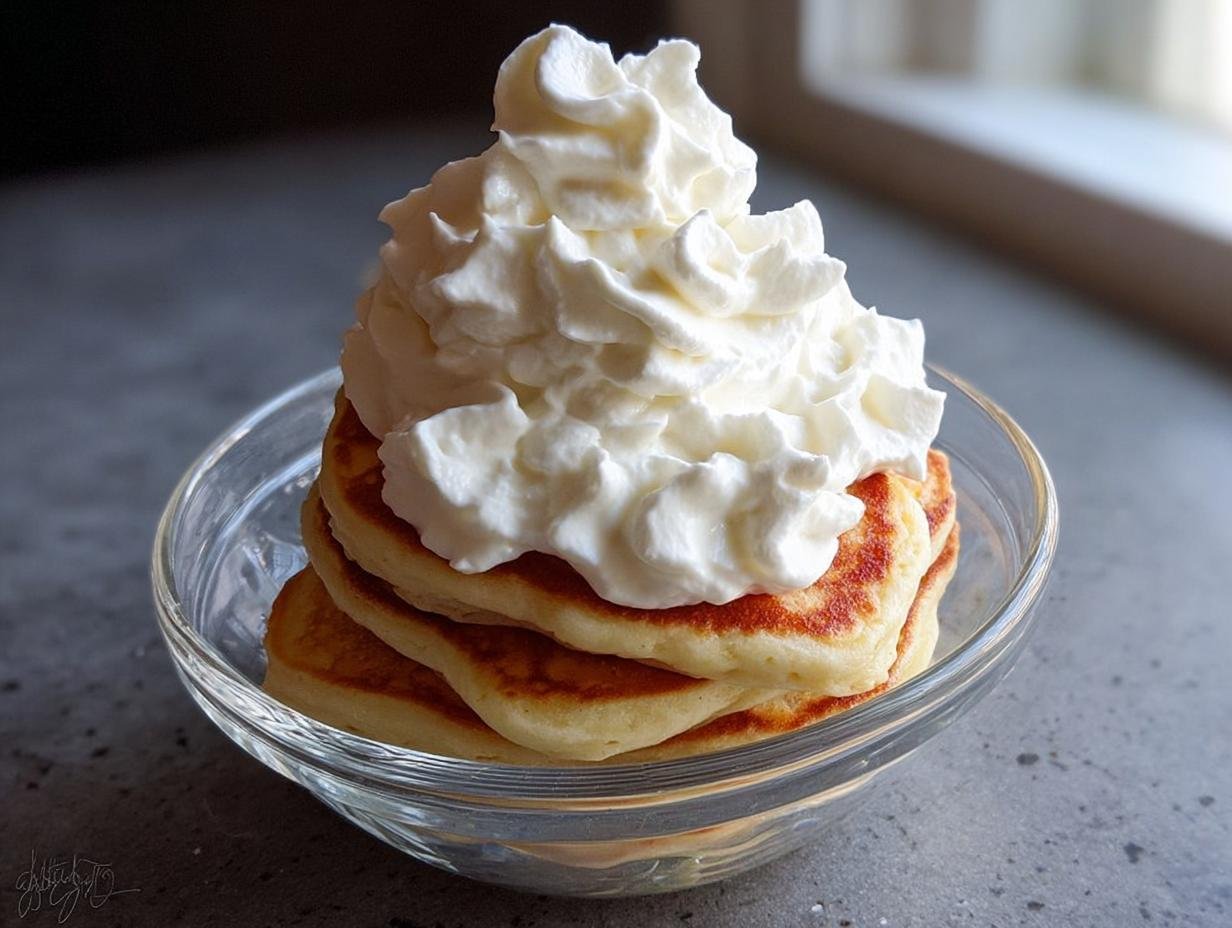 A stack of small, round protein pancakes topped with a generous swirl of whipped cream in a clear glass bowl.