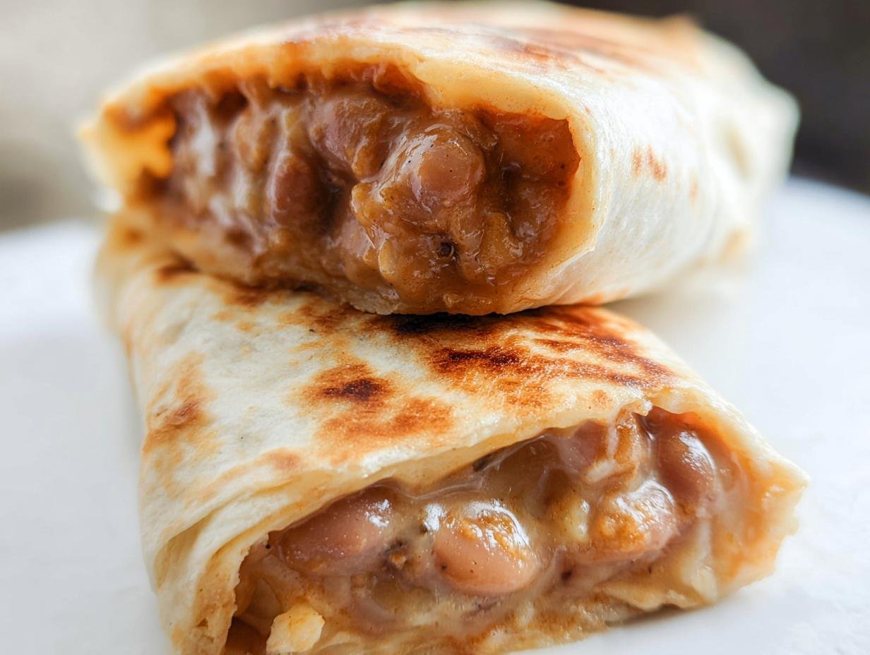 Close-up of two stacked, grilled bean burritos showing creamy refried beans spilling out, perfect for Easy Healthy Dinner Recipes.