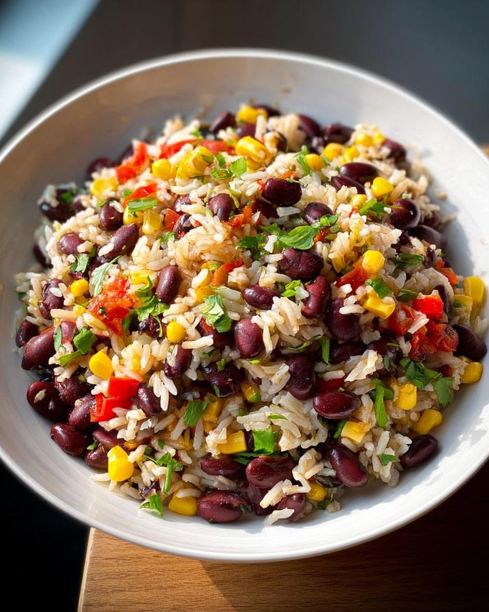 A bowl of black bean and corn rice salad, a great option for Quick Healthy Meals for Weight Balance.