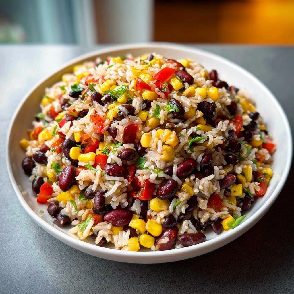 A vibrant bowl of black bean and corn rice salad, perfect for Quick Healthy Meals for Weight Balance.
