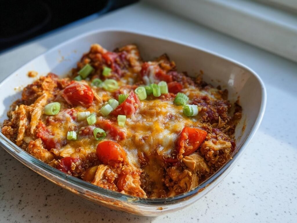A close-up of a cheesy quinoa and chicken bake topped with tomatoes and green onions, perfect for healthy comfort food for dinner.