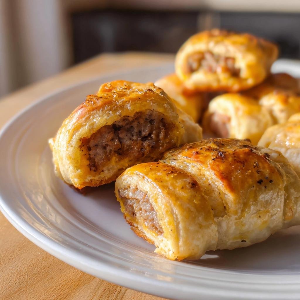 Close-up of golden brown sausage egg breakfast rolls cut in half showing the savory sausage filling.