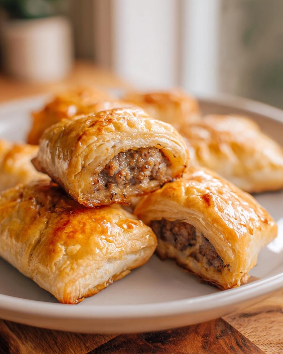 Close-up of golden brown, flaky Sausage Egg Breakfast Rolls piled on a white plate.