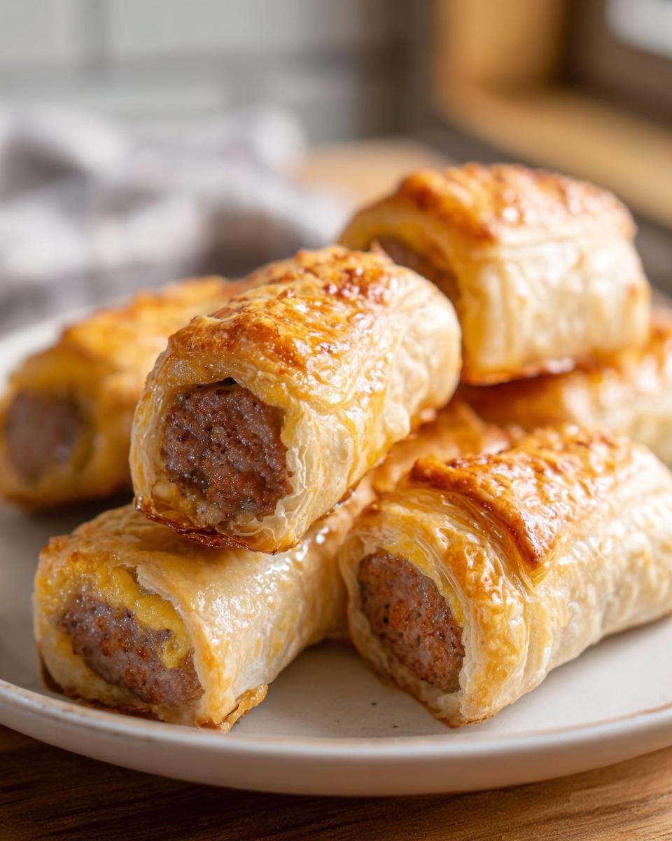 Close-up of golden-brown, flaky Sausage Egg Breakfast Rolls stacked on a light plate.