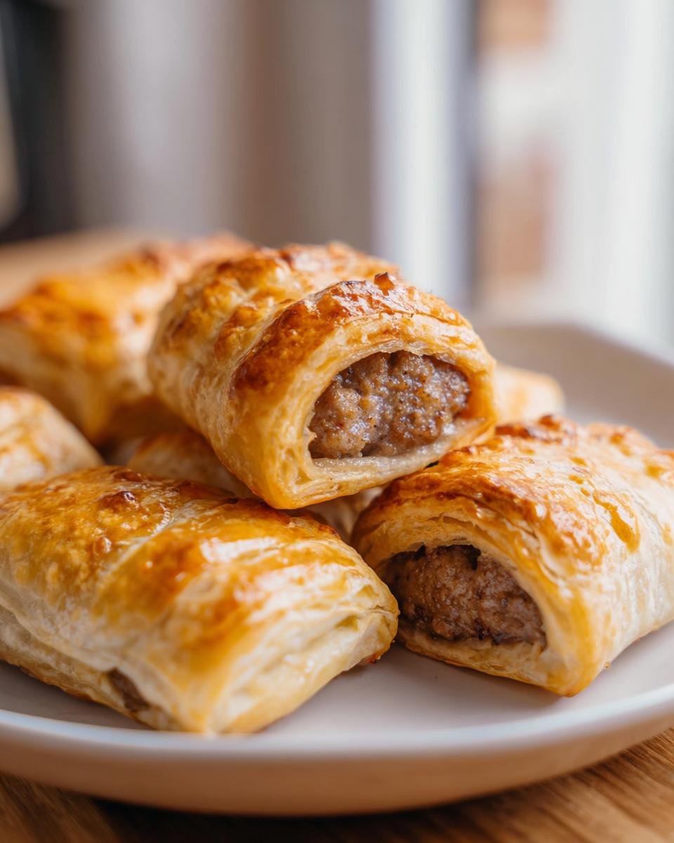 Close-up of golden, flaky Sausage Egg Breakfast Rolls stacked on a white plate.