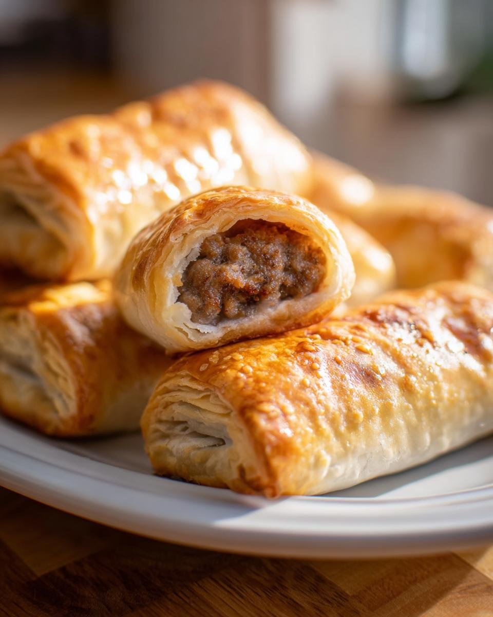 Close-up of golden brown sausage rolls, one cut open revealing savory sausage filling, perfect for quick sausage rolls.