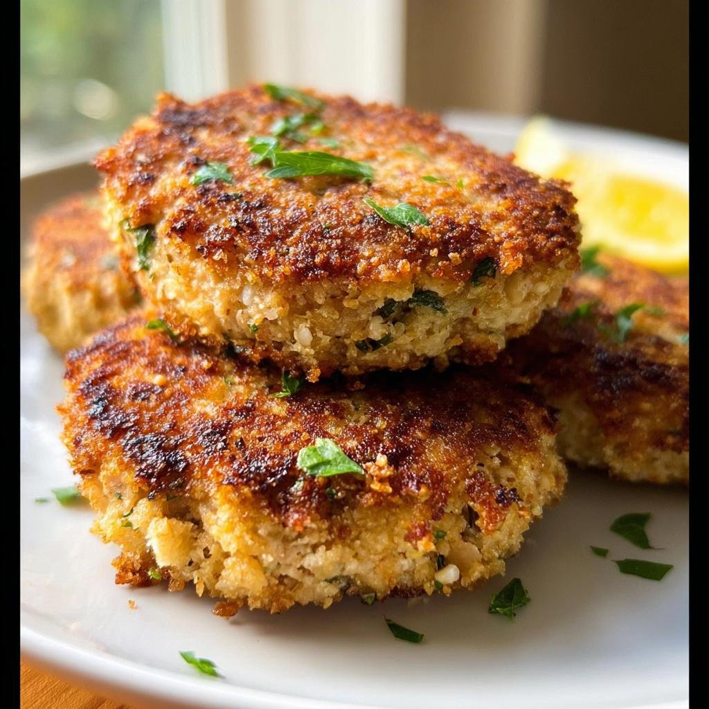 Close-up of golden brown, pan-fried Quick Tuna Patties garnished with fresh parsley, served with a lemon wedge.