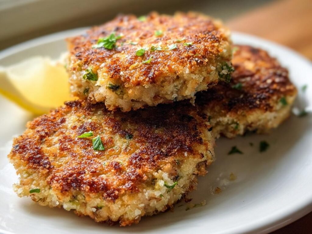 Close-up of three golden brown, crispy Quick Tuna Patties stacked on a white plate with a lemon wedge.