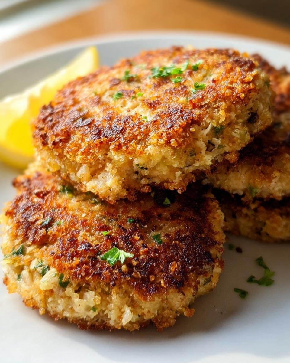 Close-up of three golden brown, crispy Quick Tuna Patties stacked on a white plate with lemon wedges.