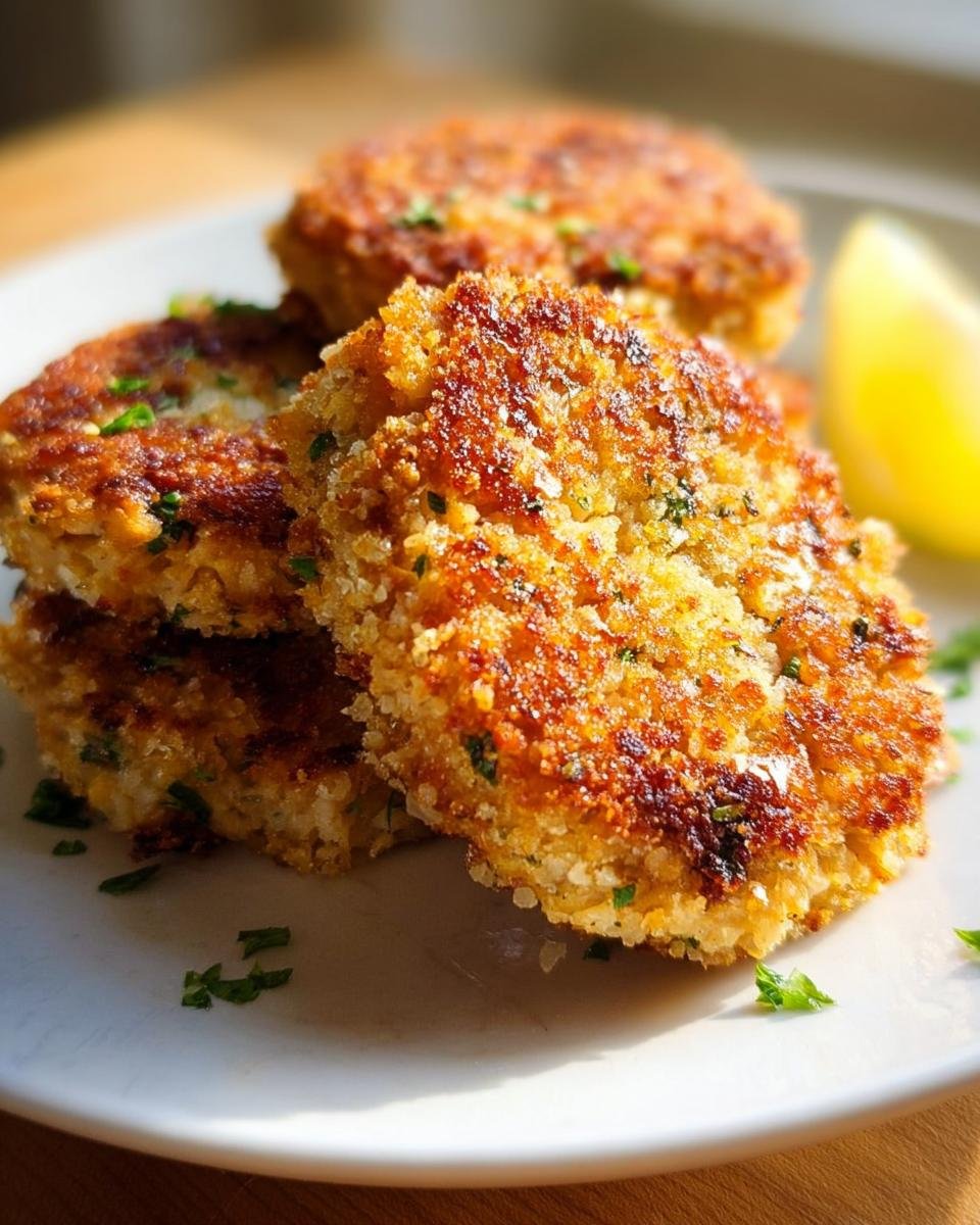 Close-up of three golden brown Quick Tuna Patties stacked on a white plate with a lemon wedge.