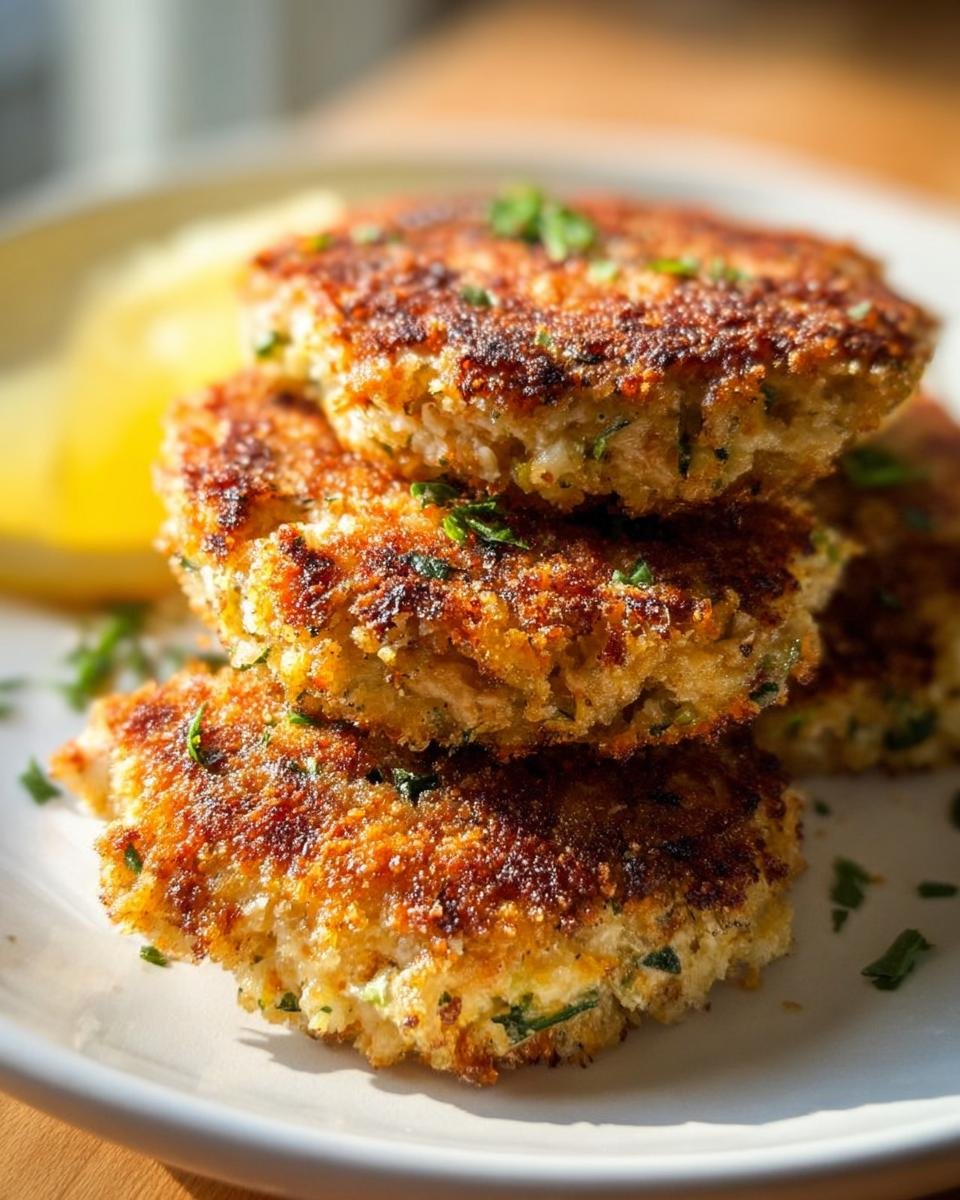 A stack of three golden brown, crispy Quick Tuna Patties garnished with fresh parsley, served with a lemon wedge.