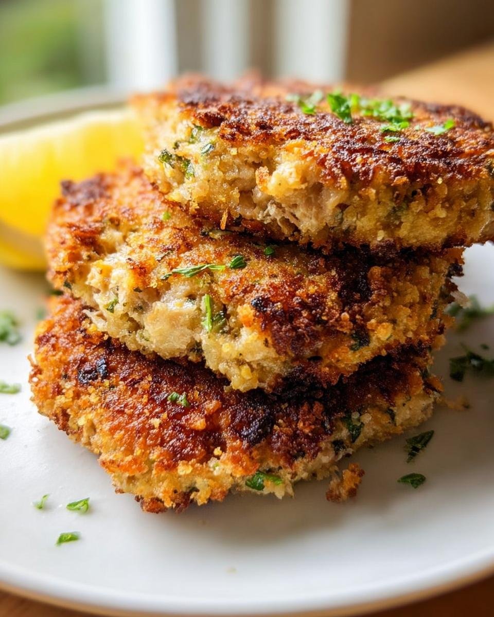 A stack of three perfectly golden brown Quick Tuna Patties, garnished with parsley and served with a lemon wedge.