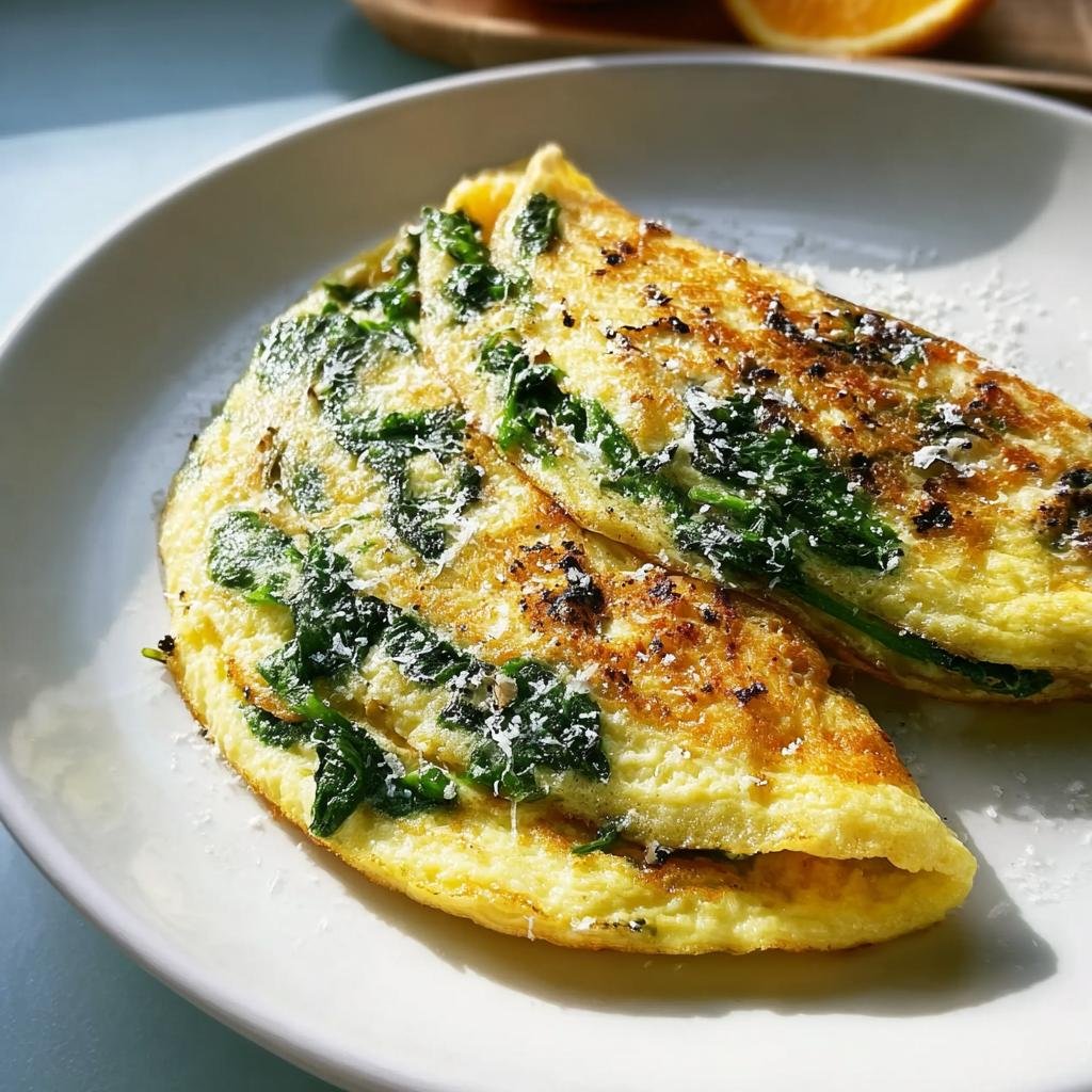 Two halves of a golden Quick Veggie Omelette filled with bright green spinach, topped with grated cheese.