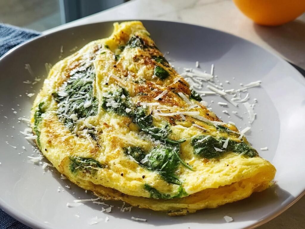 A perfectly folded Quick Veggie Omelette filled with spinach and topped with shredded Parmesan cheese on a light gray plate.