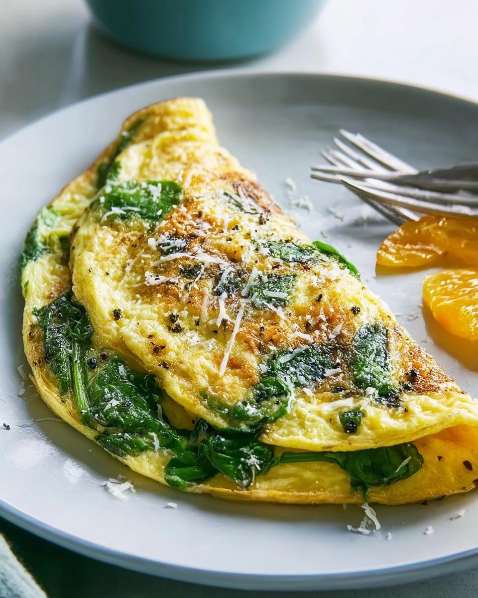 A folded Quick Veggie Omelette filled with spinach and topped with grated cheese and pepper.