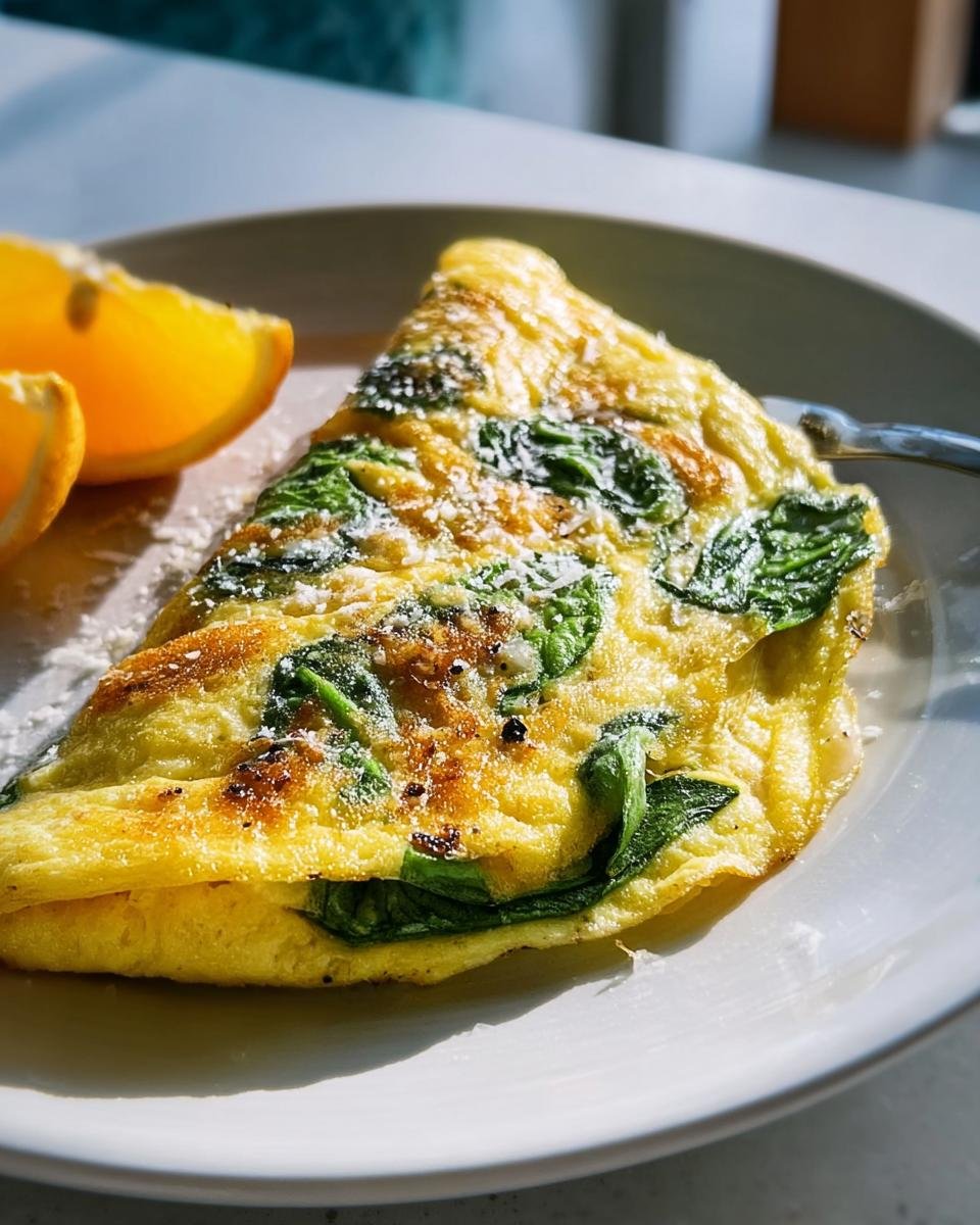 Close-up of a folded Quick Veggie Omelette filled with spinach and topped with grated cheese.