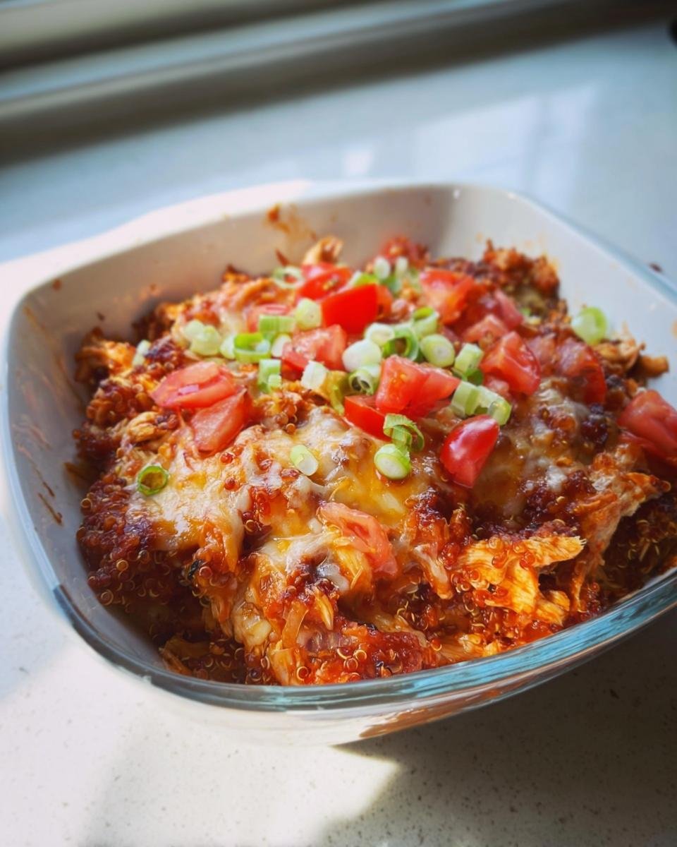 Close-up of a cheesy quinoa and chicken bake topped with fresh diced tomatoes and green onions, a great Healthy Comfort Food for Dinner.