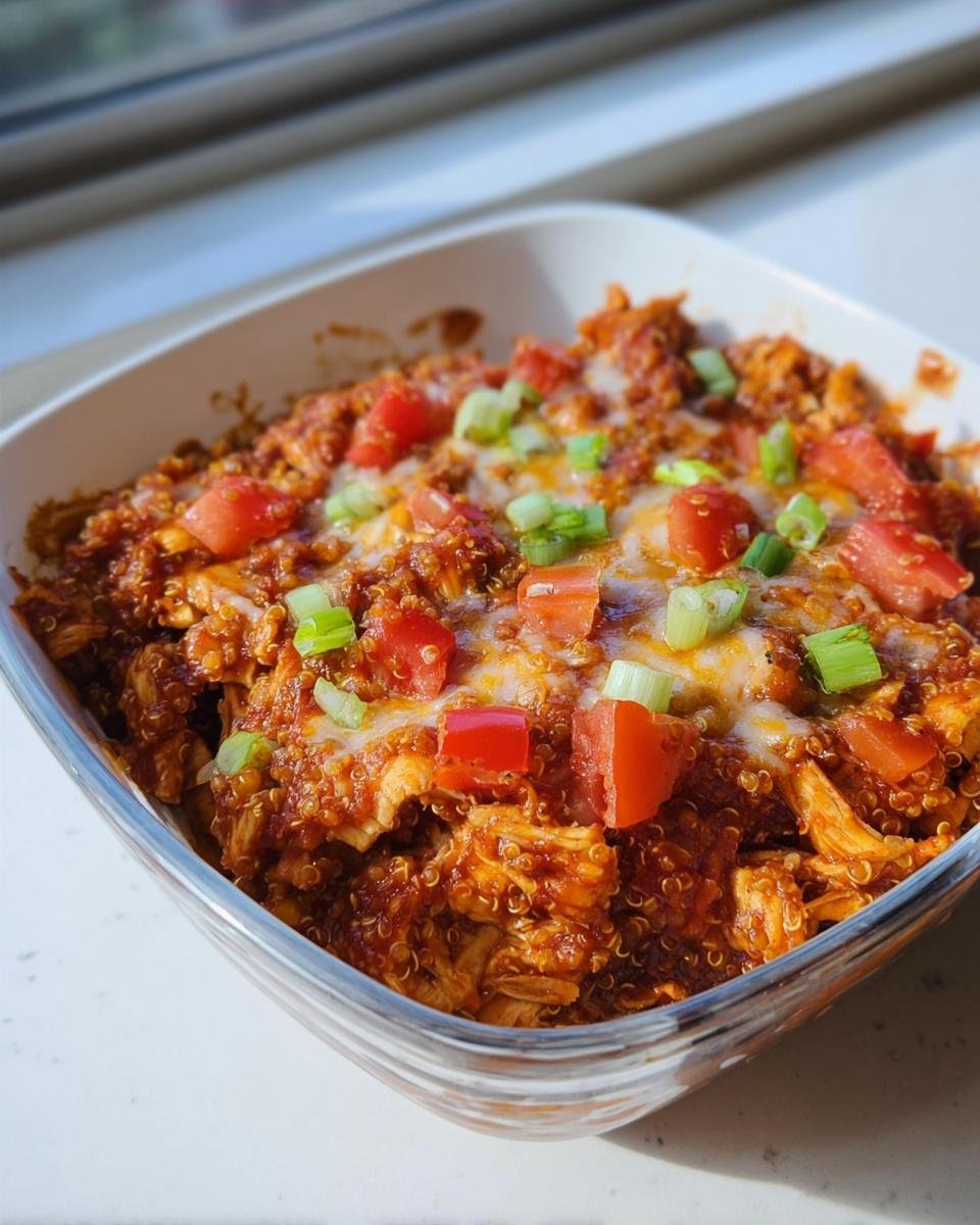 A square glass dish filled with shredded chicken and quinoa in a rich red sauce, topped with melted cheese, diced tomatoes, and green onions, perfect for healthy comfort food for dinner.