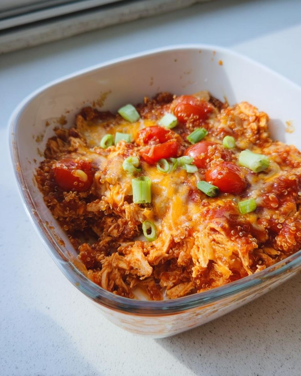A close-up of a baked quinoa and shredded chicken dish topped with melted cheese, cherry tomatoes, and green onions, perfect for Healthy Comfort Food for Dinner.