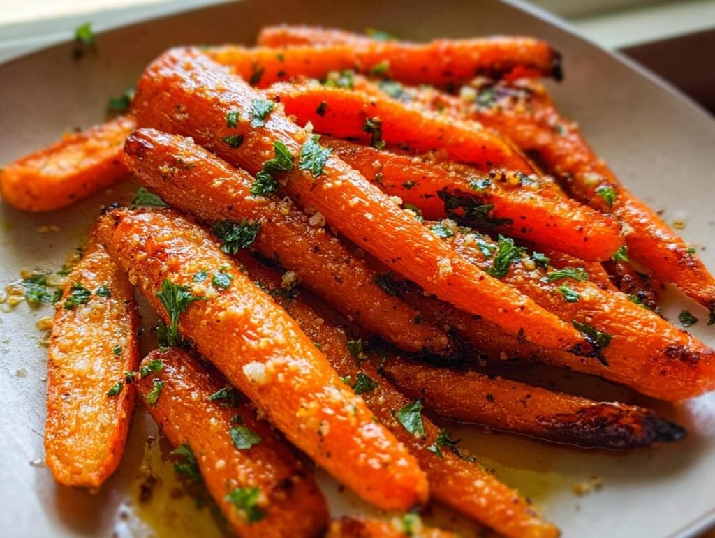 Close-up of glistening Roasted Garlic Parmesan Carrots topped with fresh parsley.