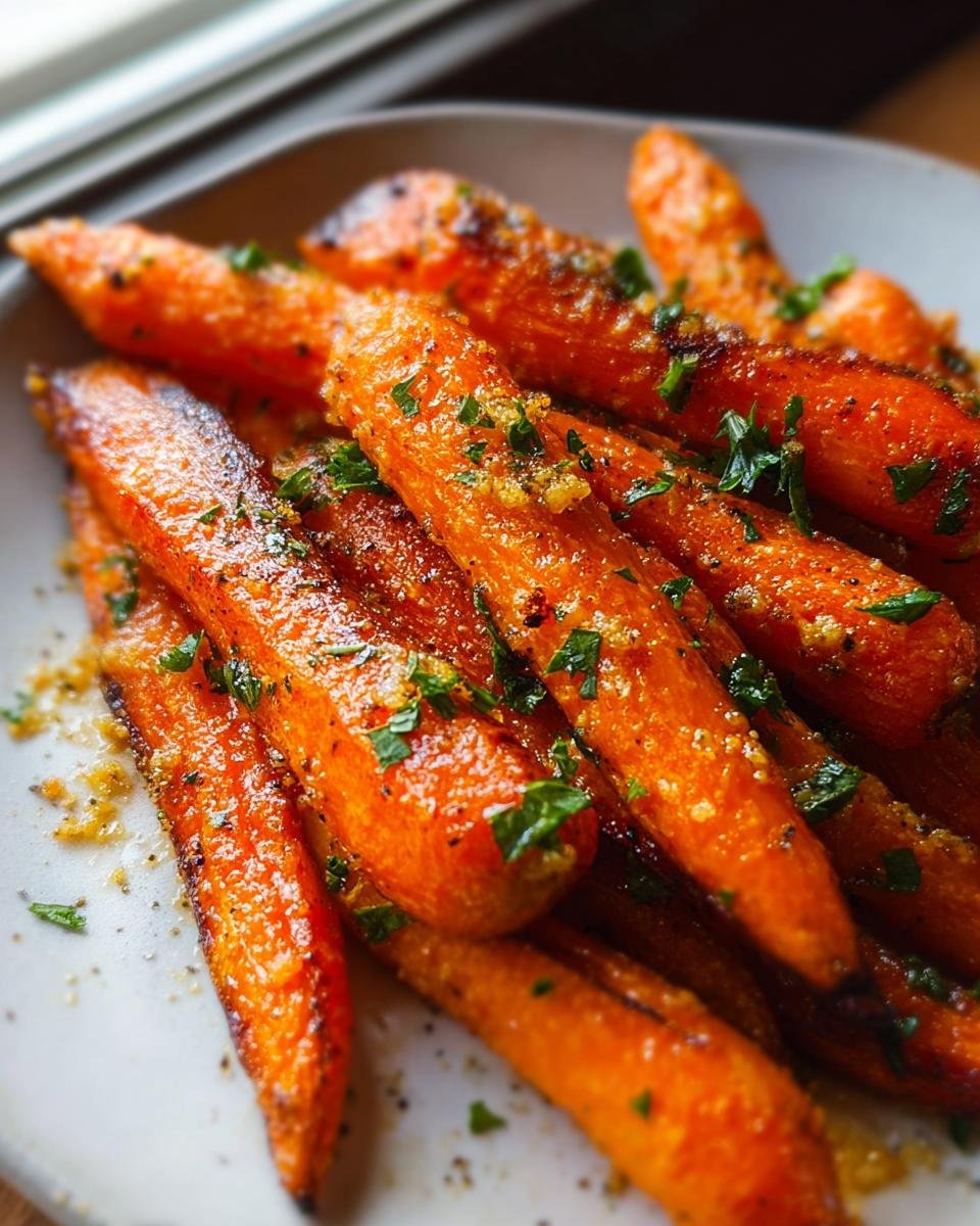 Close-up of beautifully caramelized Roasted Garlic Parmesan Carrots sprinkled with fresh parsley.