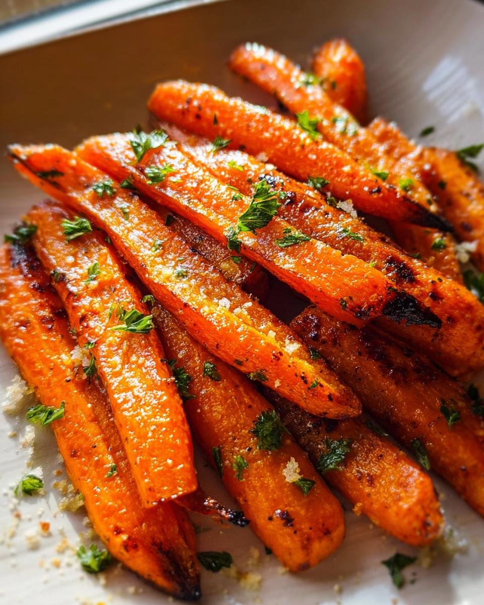 Close-up of bright orange Roasted Garlic Parmesan Carrots sprinkled with fresh parsley and cheese.
